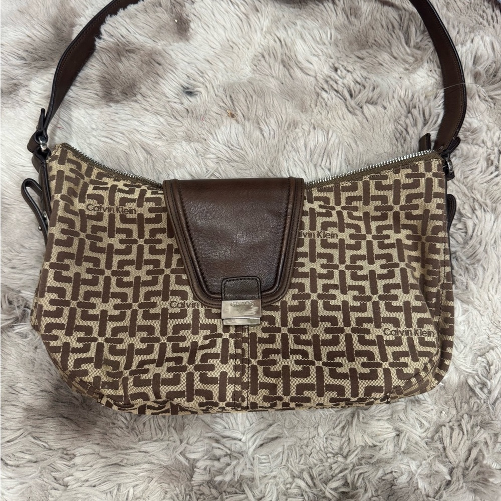 Calvin Klein Tan and Brown Monogram Shoulder Bag